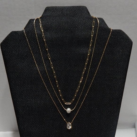Three Chain Layered Necklace with Simple Pendants - Picture 2 of 5